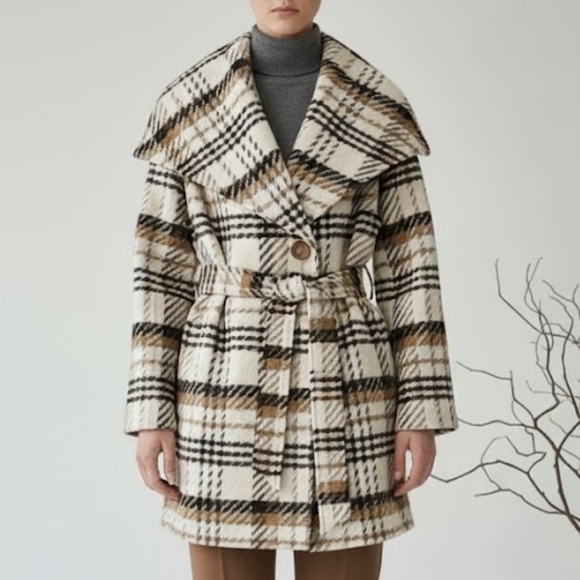 Coldwater Creek Plaid Wrap Pea Coat Size XS (4/6) In Cream + Brown - Picture 2 of 7